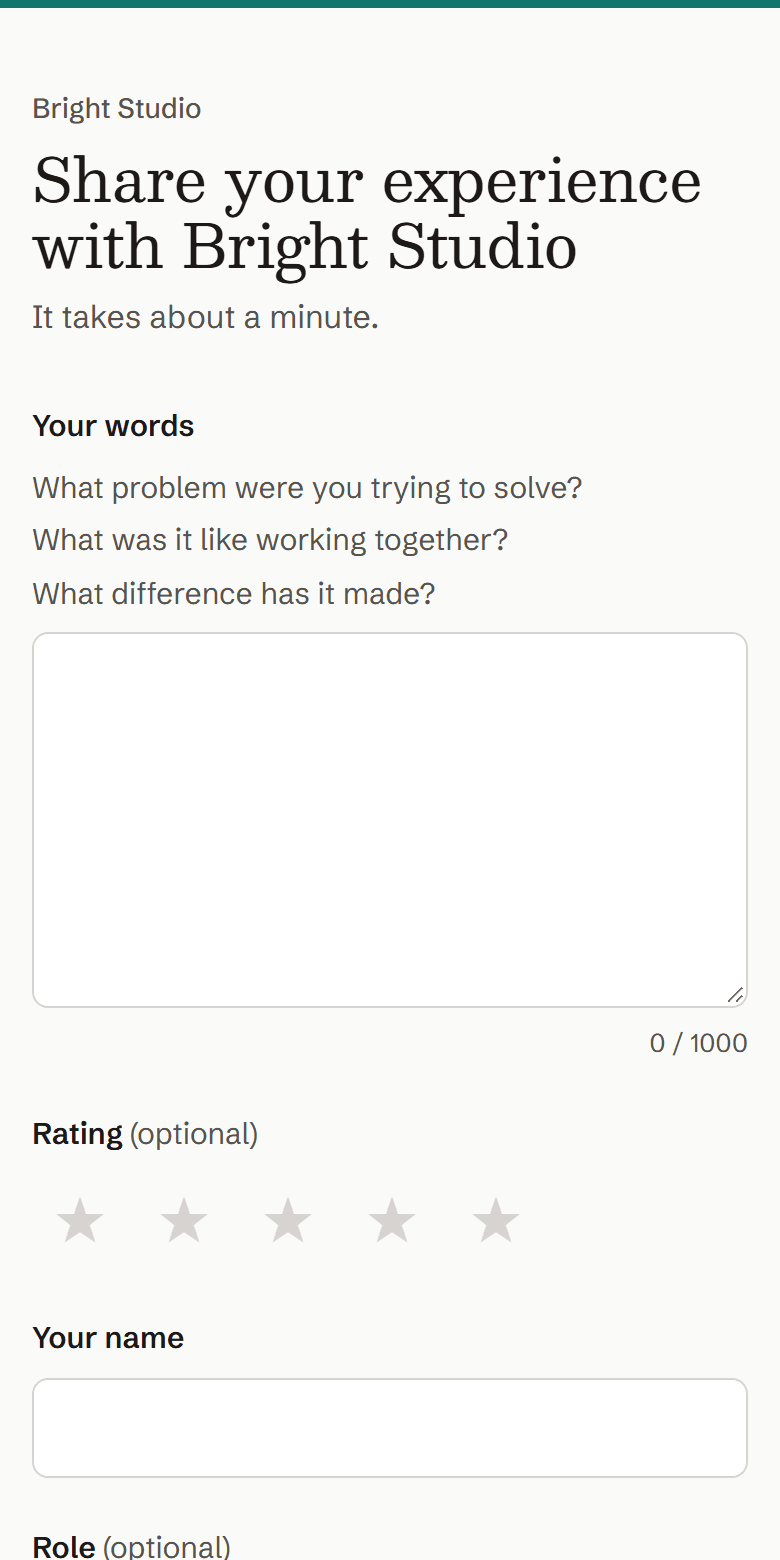 A testimonial collection form on a phone, asking three short questions