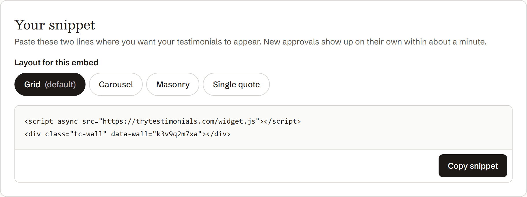 The Embed tab in TryTestimonials, showing the two-line snippet and a Copy snippet button