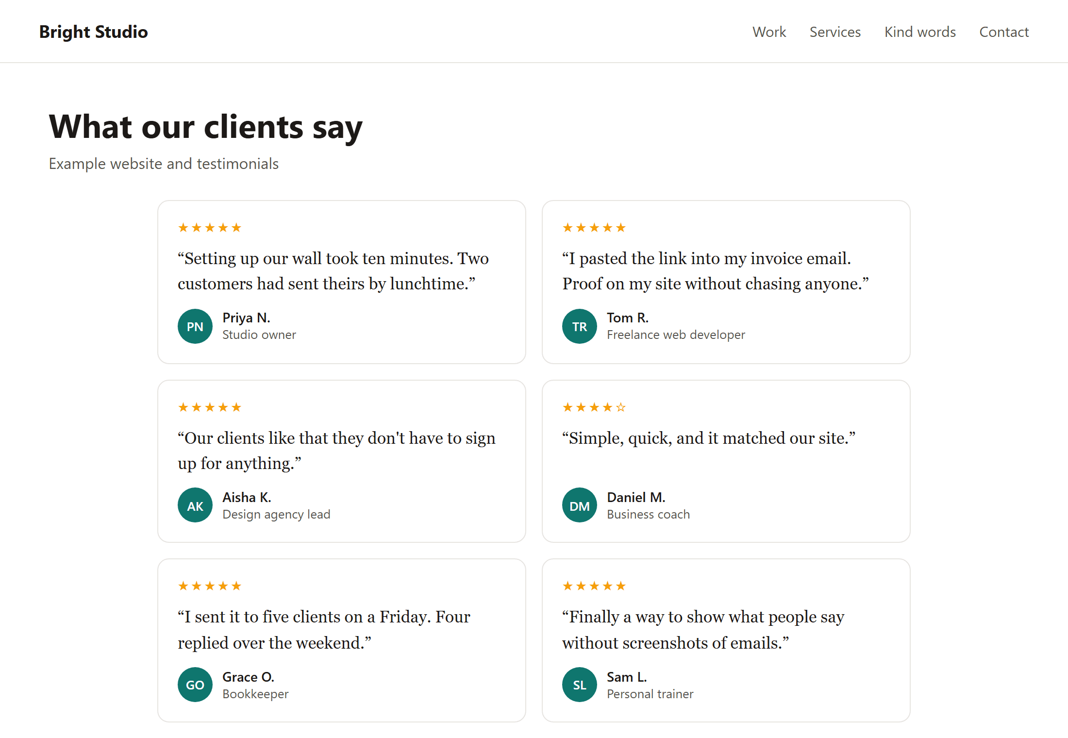 A grid of testimonial cards with star ratings on an example business website