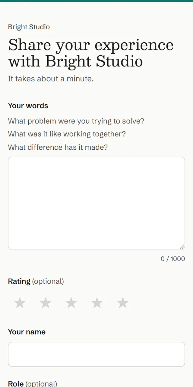 A testimonial collection form on a phone, asking three short questions