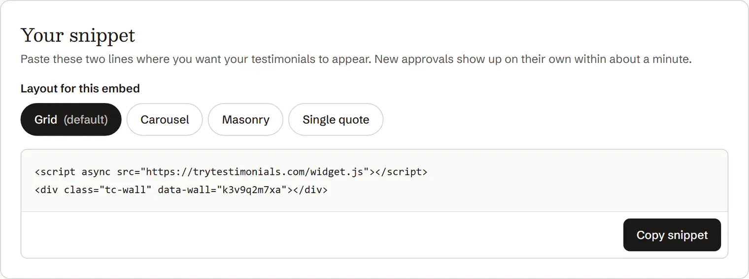 The Embed tab in TryTestimonials, showing the two-line snippet and a Copy snippet button